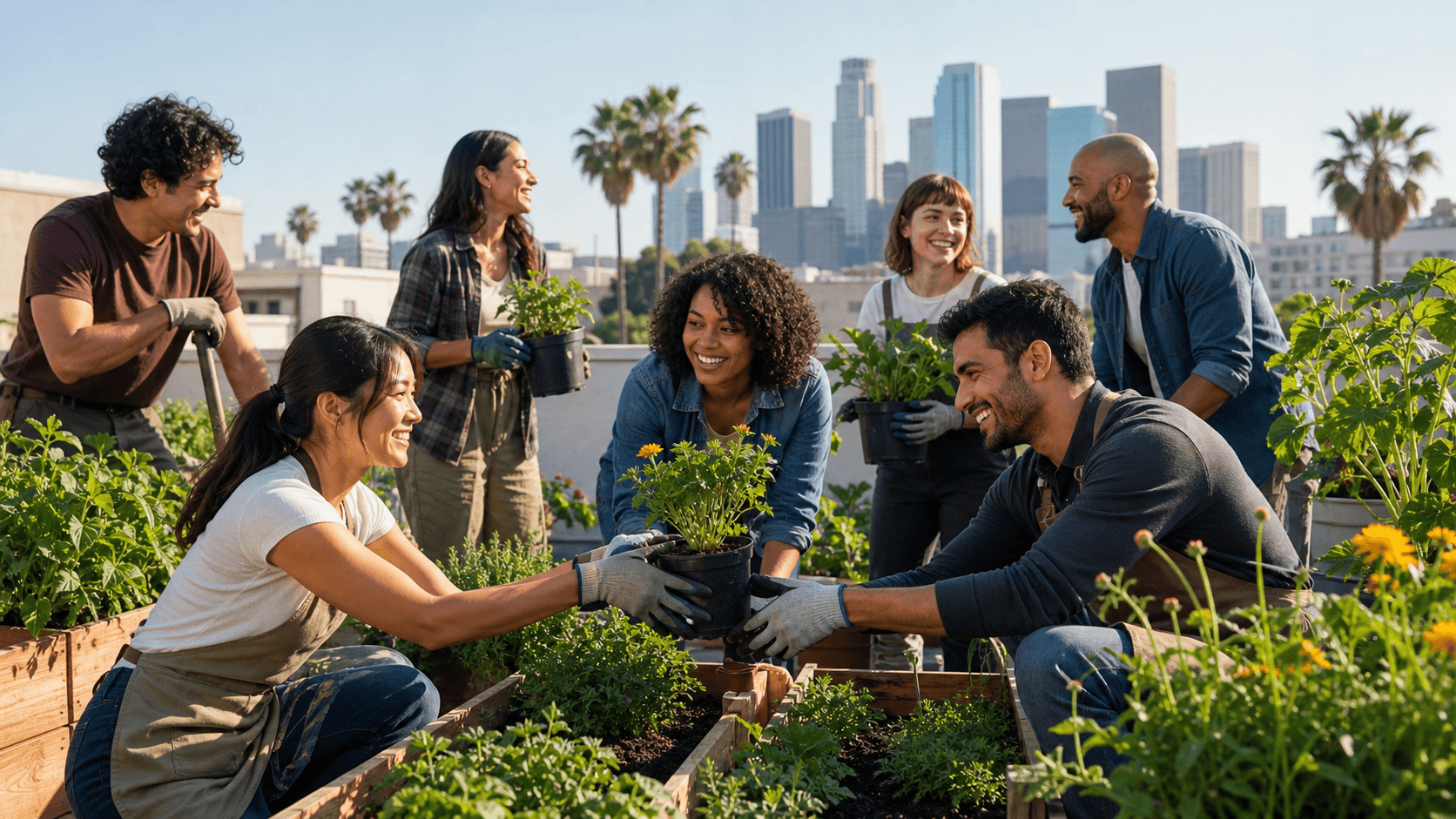 Diverse coworkers laugh together during an outdoor team activity, with Los Angeles skyline glowing at sunset.