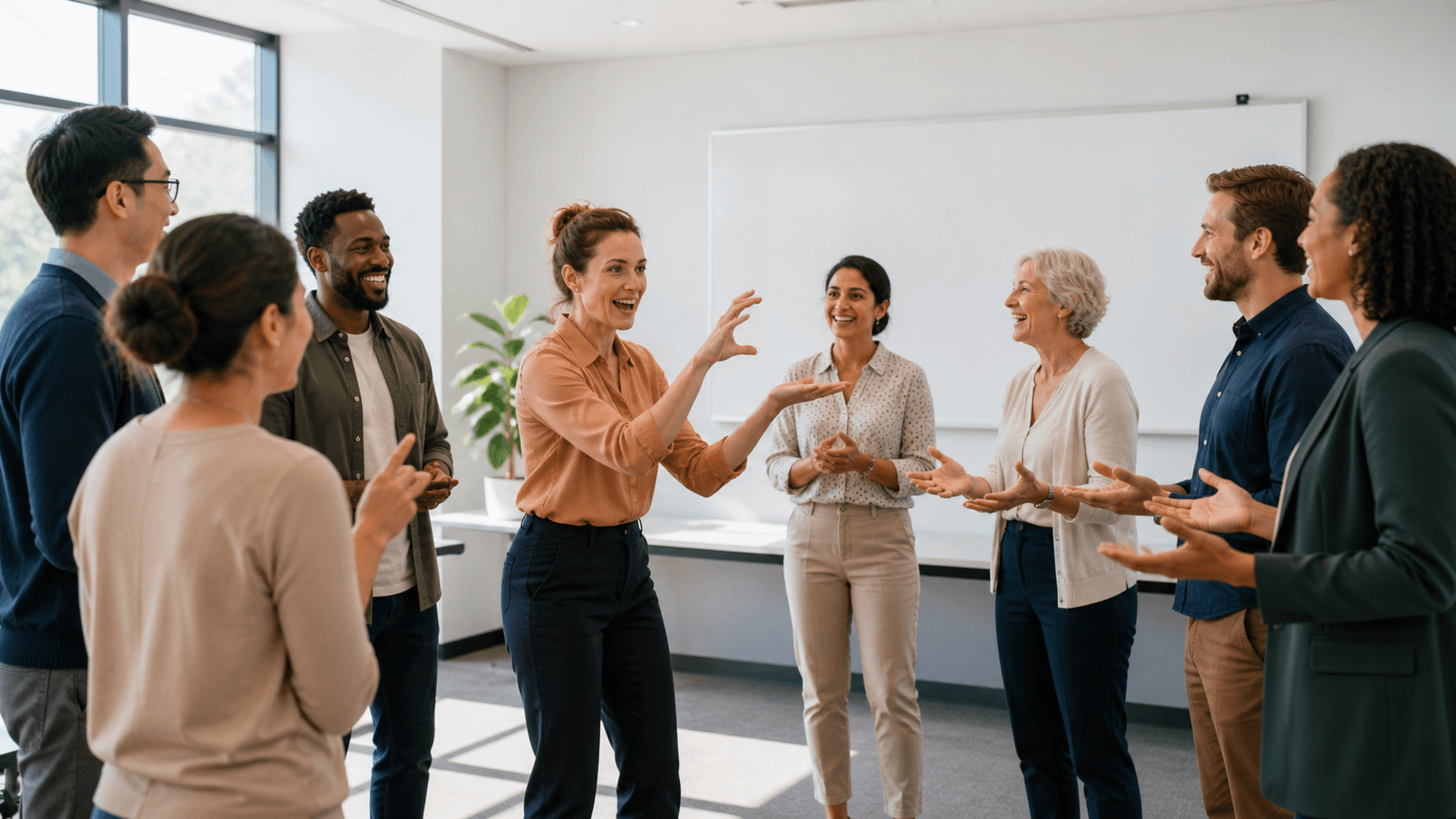 Diverse coworkers laughing and gesturing during a bright, modern office workshop with colorful sticky notes.