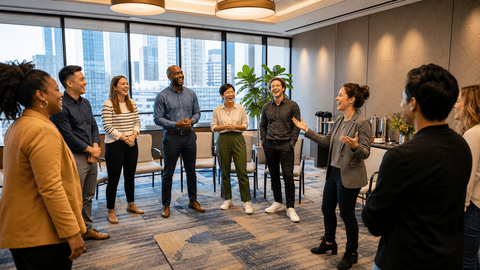 Sunlit Chicago meeting room with coworkers in a circle, skyscrapers visible through large windows.