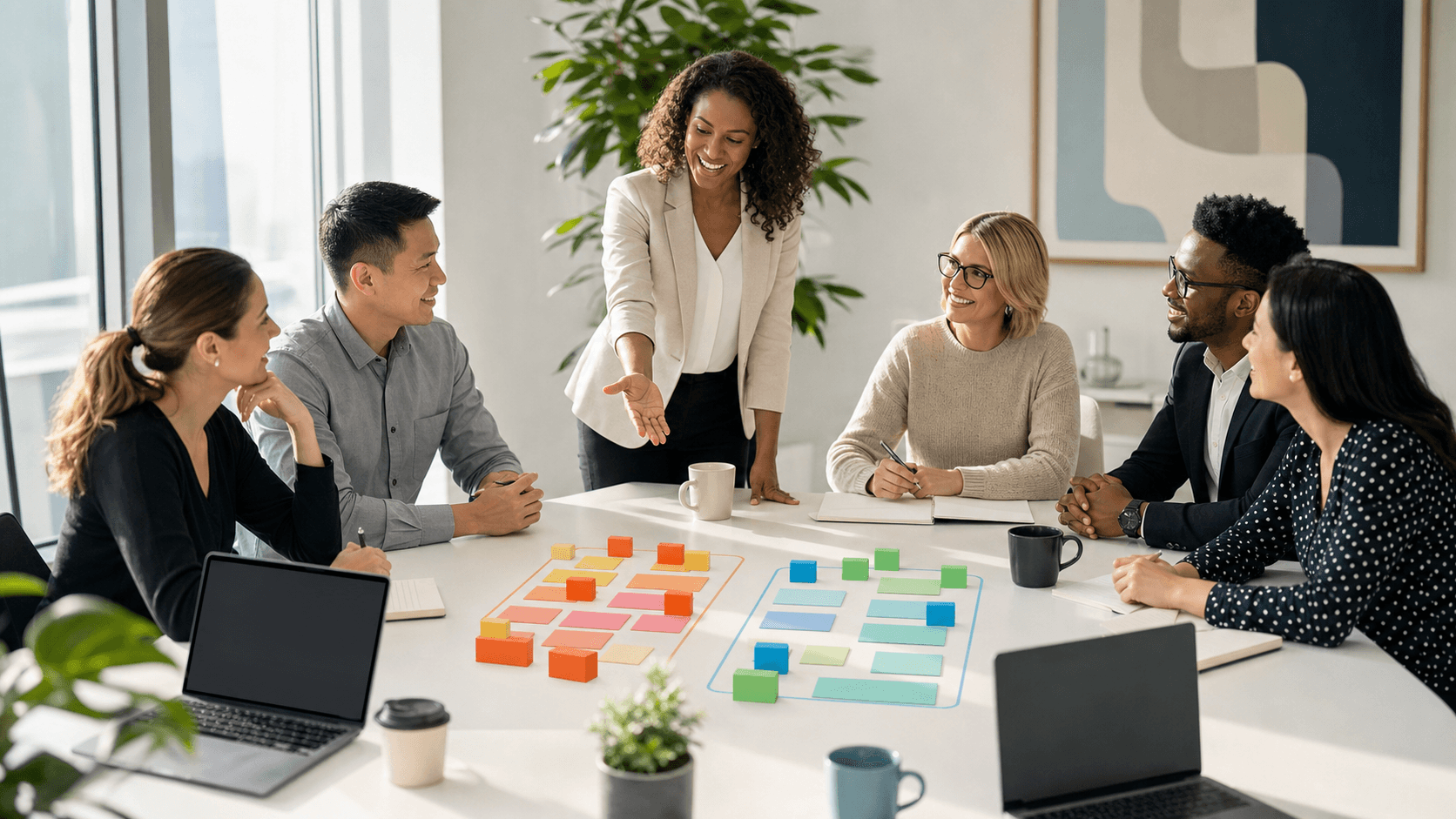 Office meeting scene with diverse coworkers around a table, sticky notes on glass wall, warm natural light