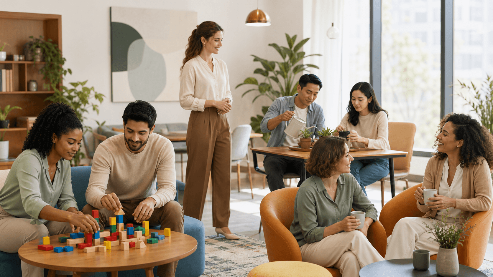 Calm office team seated in a sunlit circle, with soft blue tones and plants in the background.