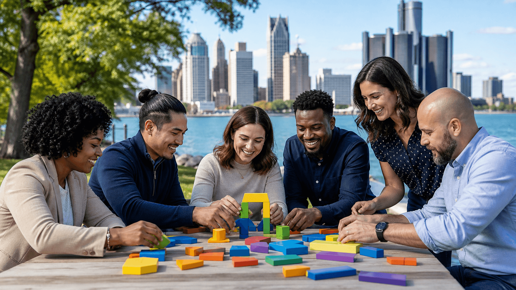 Diverse coworkers collaborate around a conference table with Detroit skyline windows in warm afternoon light.