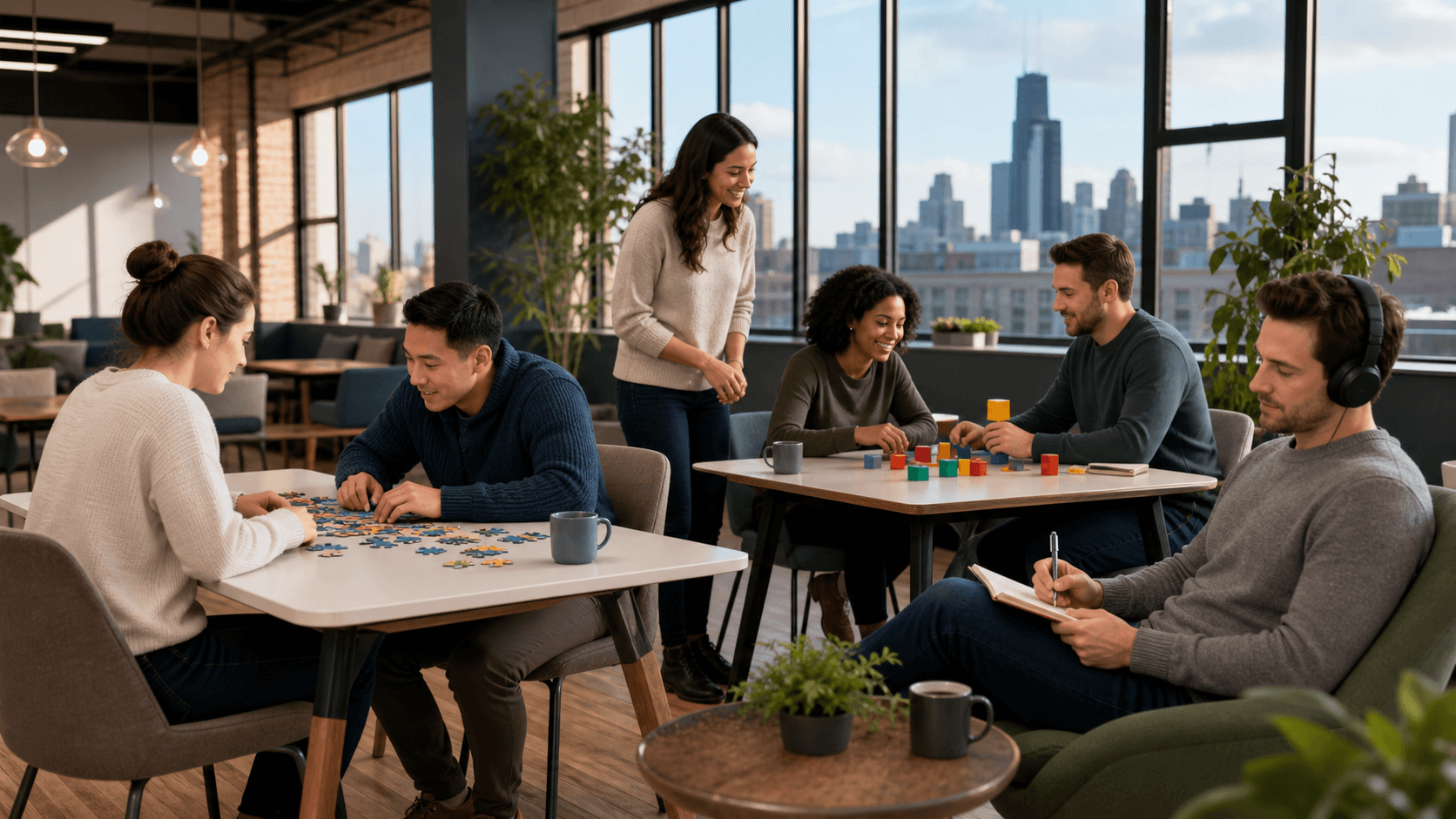 Soft-toned illustration of Chicago skyline at dusk with small, relaxed group chatting at a café table.