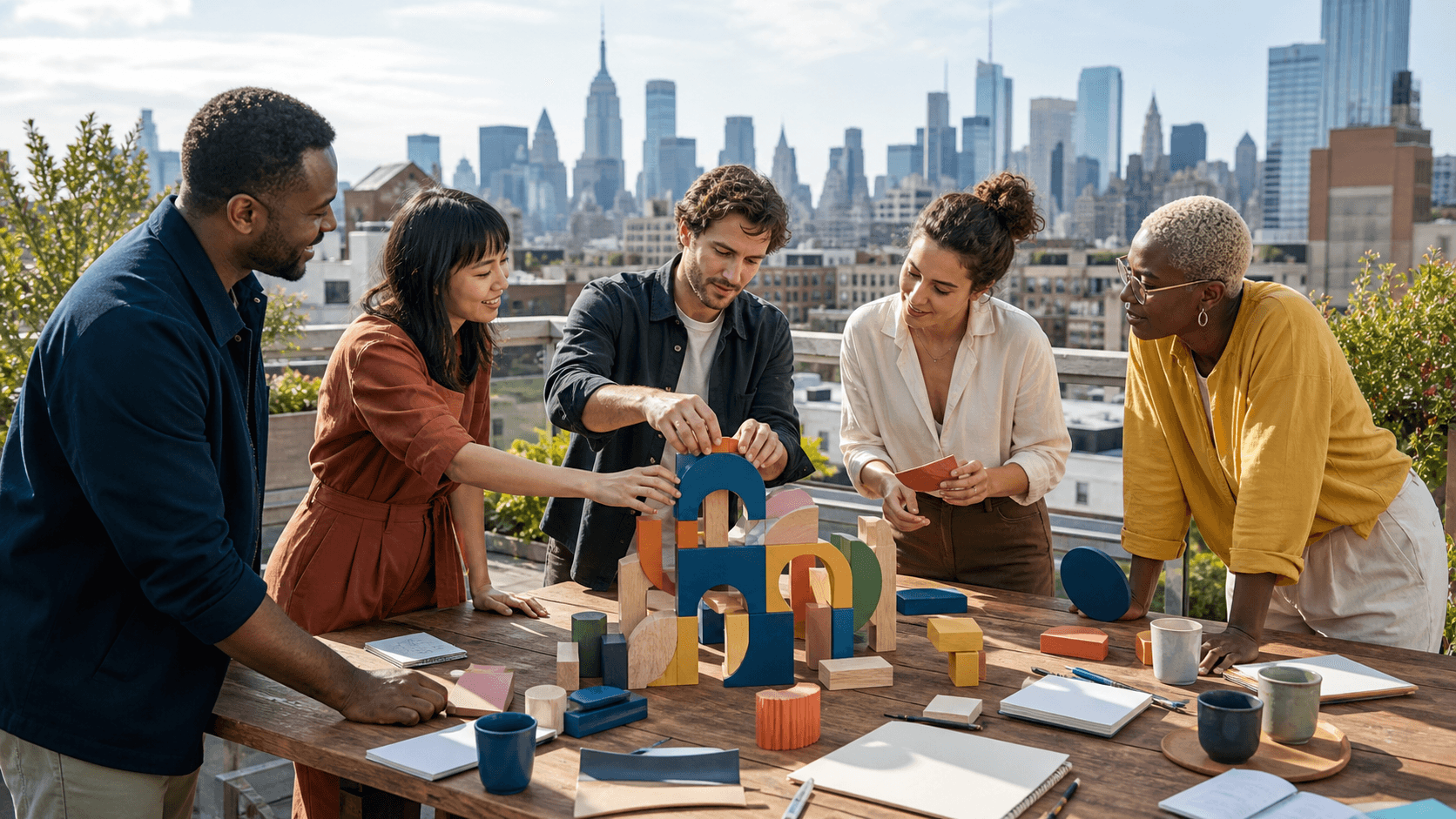 Colorful geometric icons of people, puzzles, and NYC skyline elements arranged on a bright blue background.