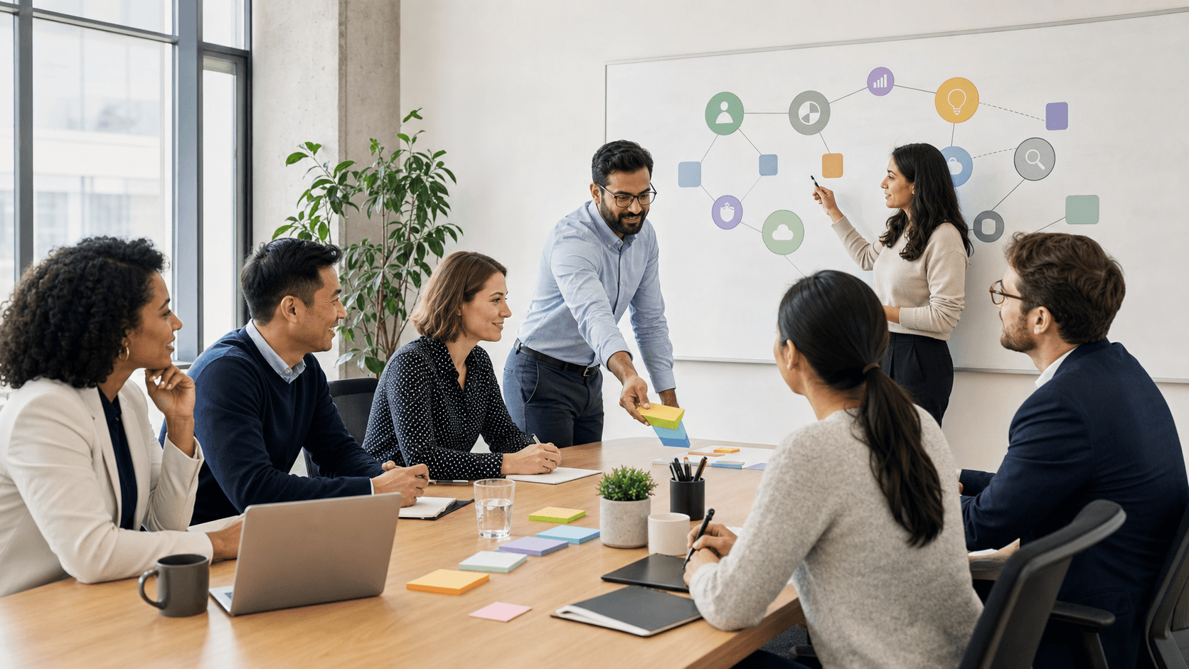 Colorful sticky notes and meeting agenda sheets around a laptop on a bright table, with hands pointing at notes