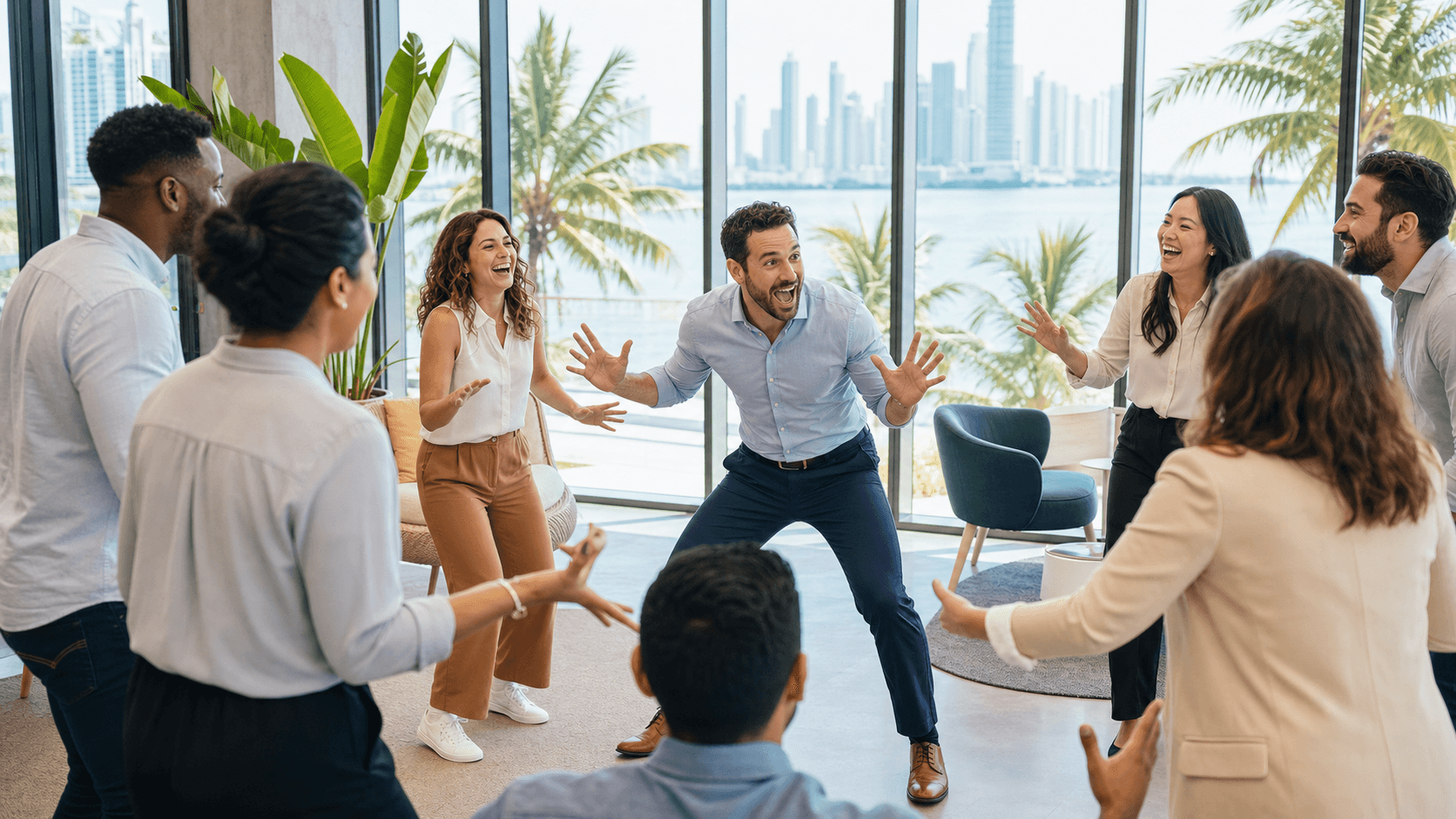 Colorful illustration of coworkers on stage doing improv, with spotlights, speech bubbles, and a Miami skyline backdrop
