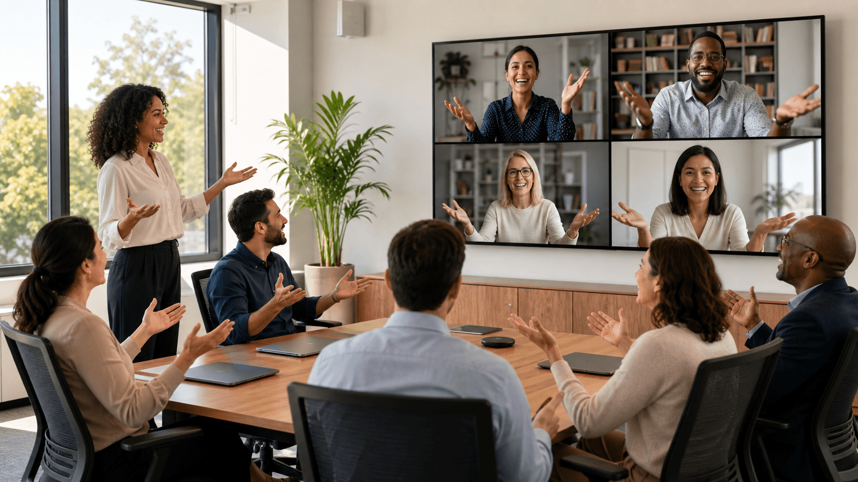 Diverse coworkers in a bright office and video call grid, laughing mid-gesture, warm lighting and blue accents.