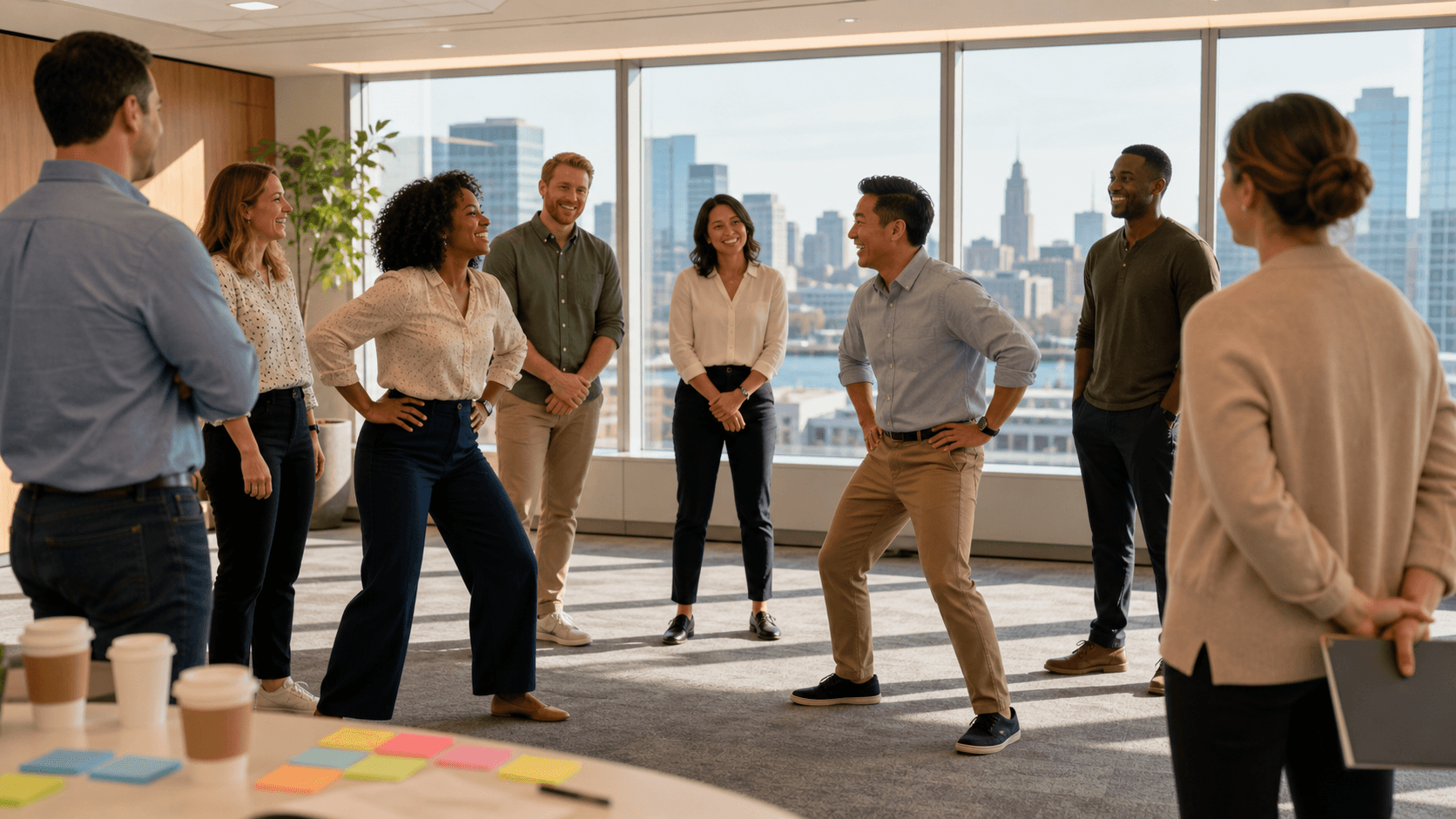 Business team laughing in a bright workshop room, standing in a circle, warm lighting with Boston skyline in window