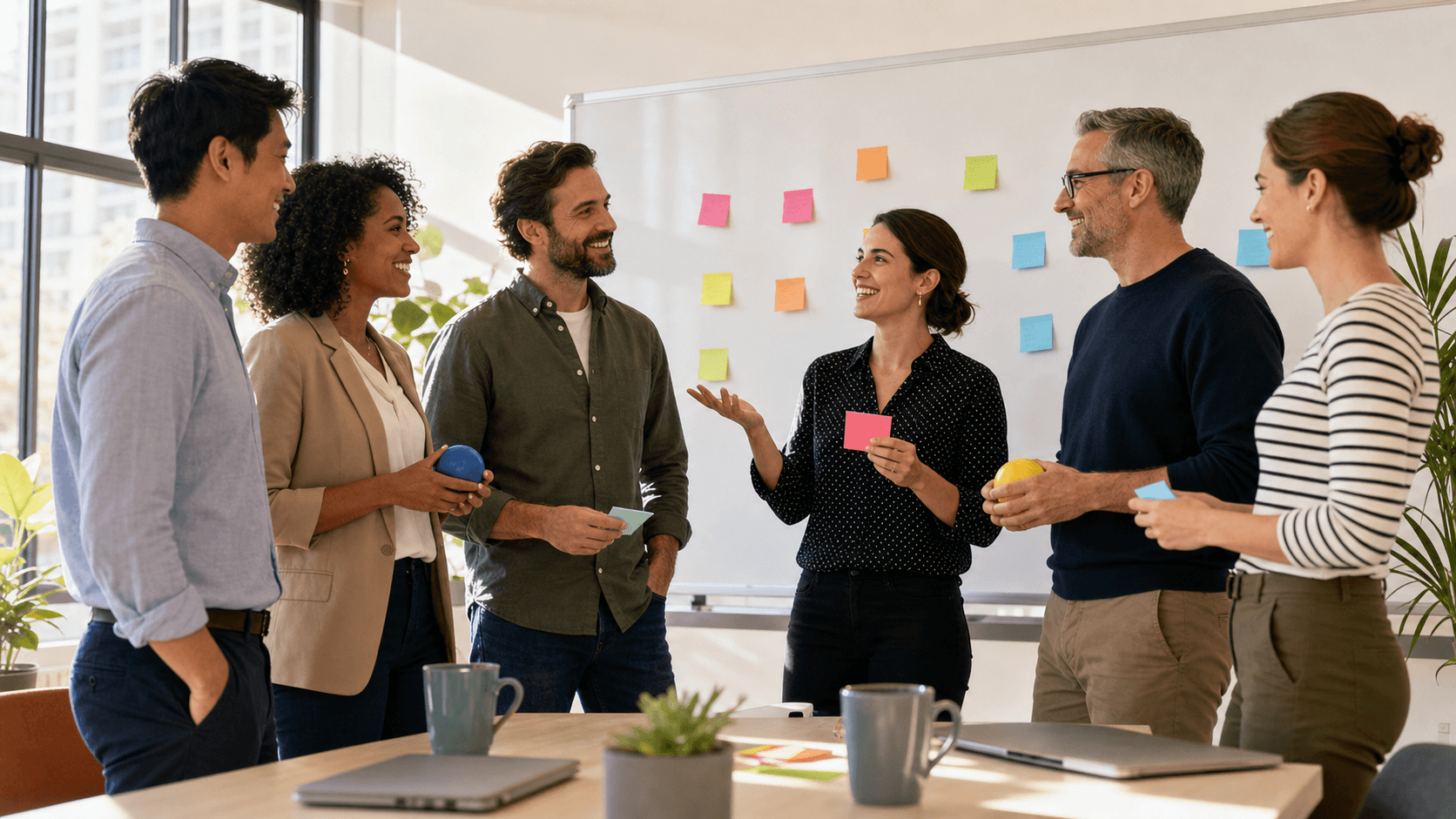 Diverse teammates in a bright office circle, sticky notes on a wall, warm lighting and blurred city skyline backdrop.