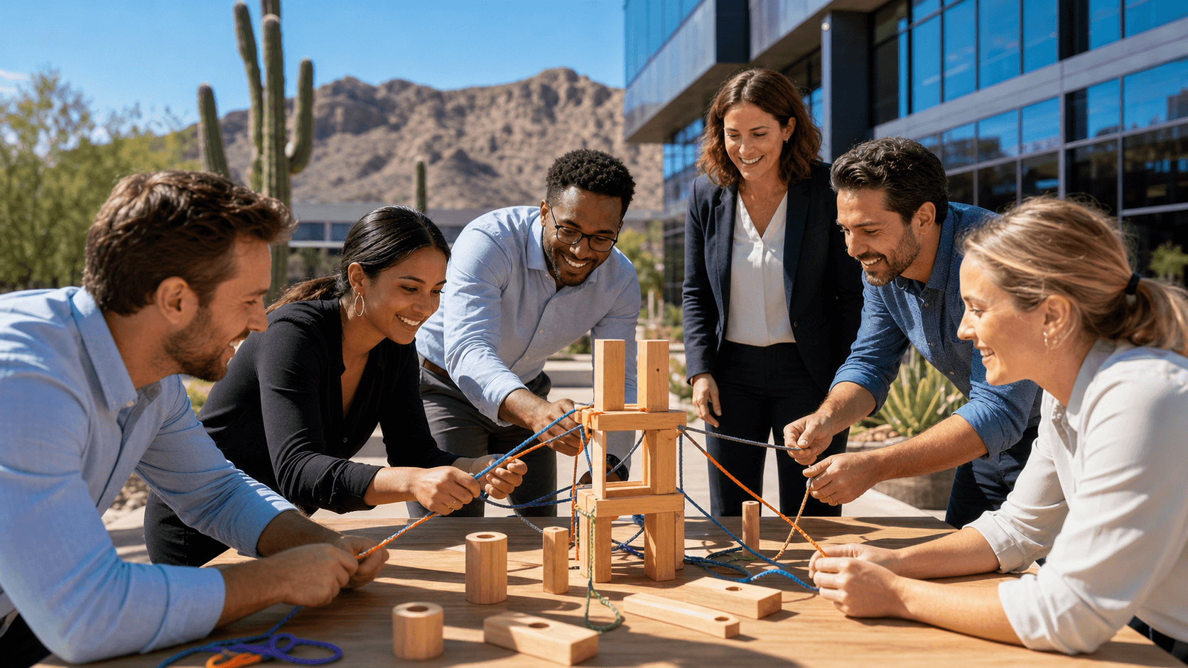 Sunlit Phoenix office scene with diverse coworkers in a circle, colorful sticky notes on a whiteboard behind them