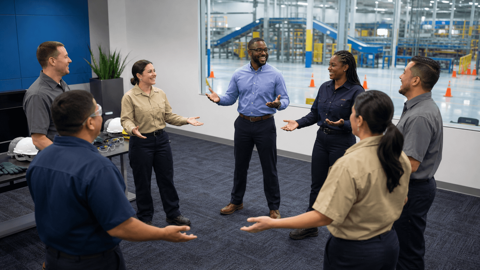 Modern office training scene with diverse team in a circle, hard hats and clipboards, warm indoor lighting
