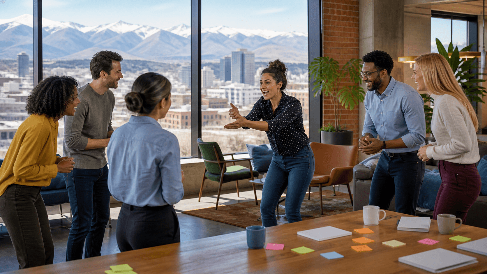 Colorful office meeting scene with colleagues standing in a circle, gesturing under warm pendant lights.