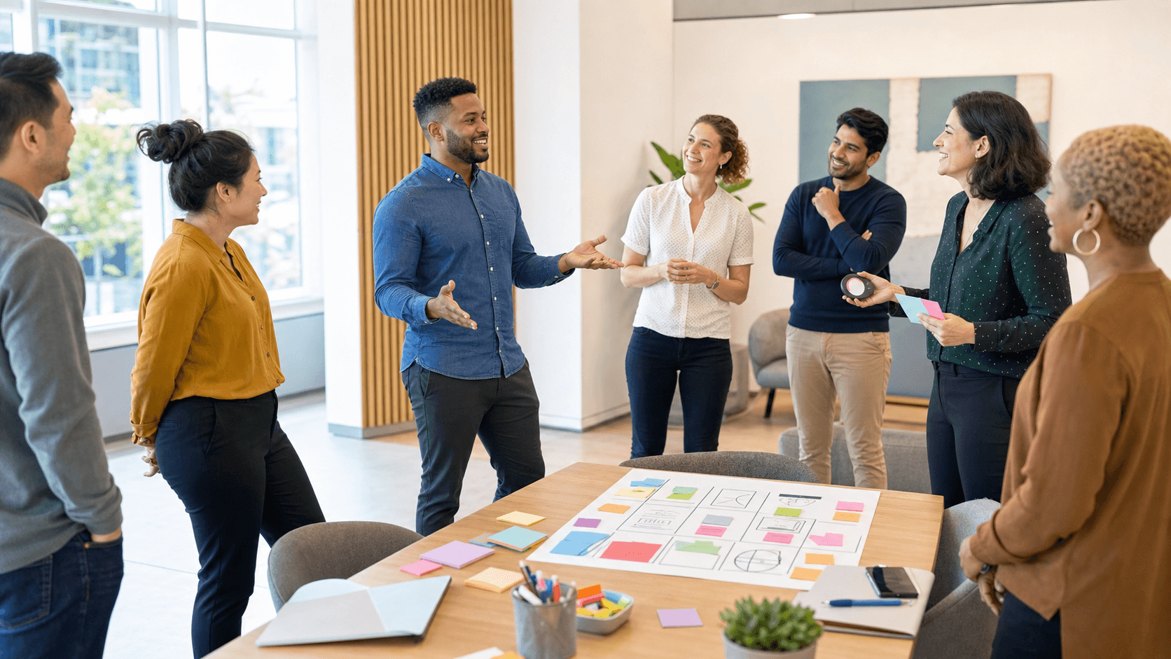 Business team in a bright meeting room, one person performing improv gestures as others watch and take notes