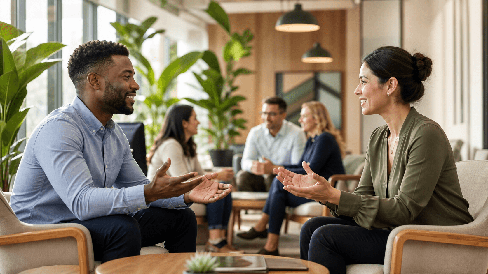 Two colleagues smile during a bright office conversation, with blue and orange abstract shapes in the background.