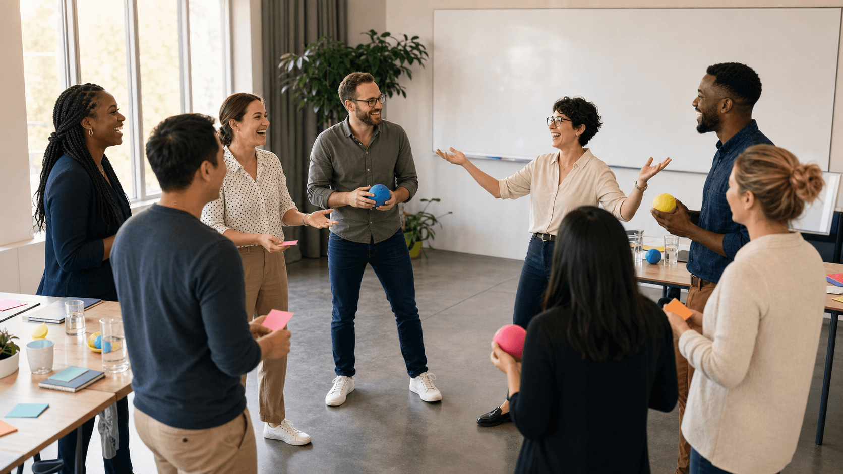 Modern office workshop with diverse team in a circle, warm lighting, colorful sticky notes on a whiteboard
