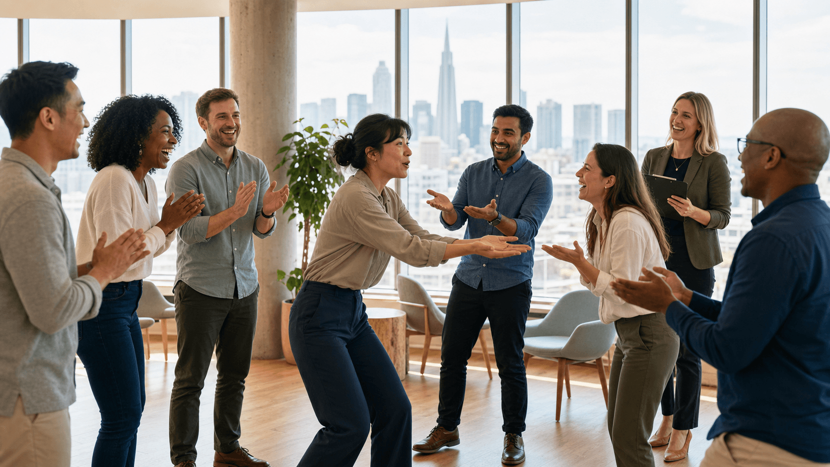 Sunlit conference room with a diverse group in a circle, laughing and gesturing, colorful sticky notes on walls.