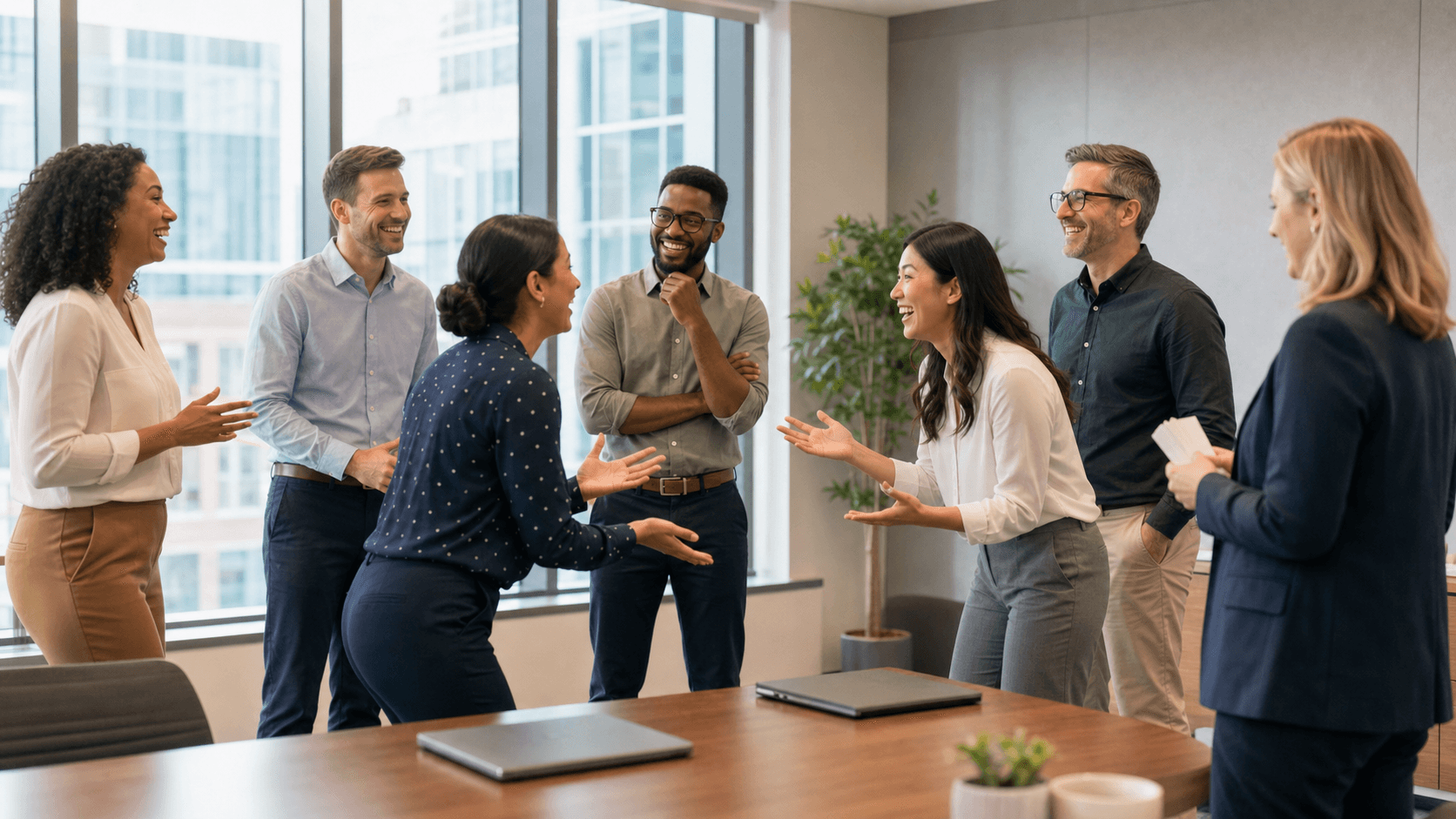 Executives in suits in a bright conference room, laughing mid-improv circle, warm lighting and modern backdrop.