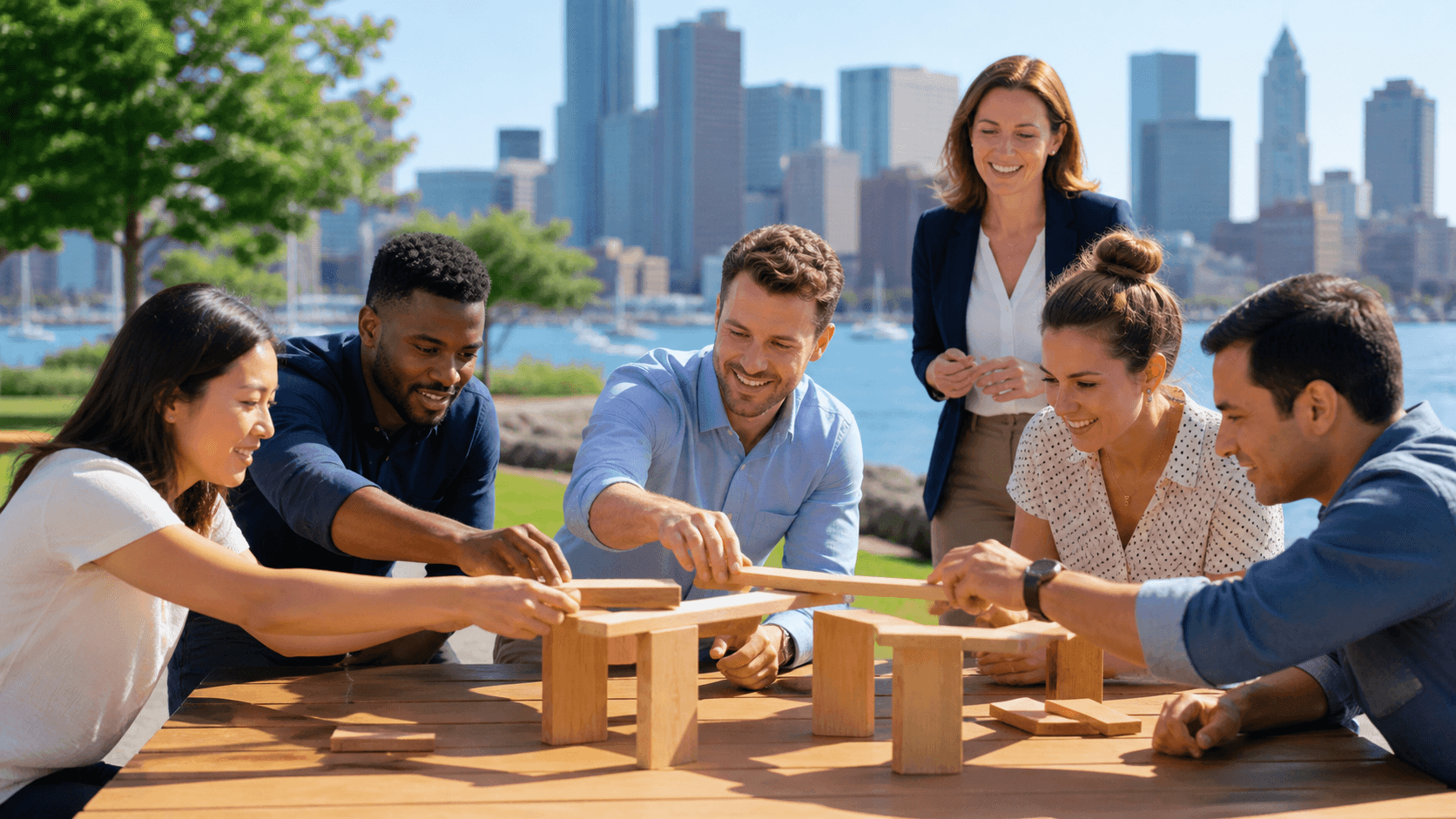 Diverse coworkers collaborate around a table in a bright Boston office with city skyline views.