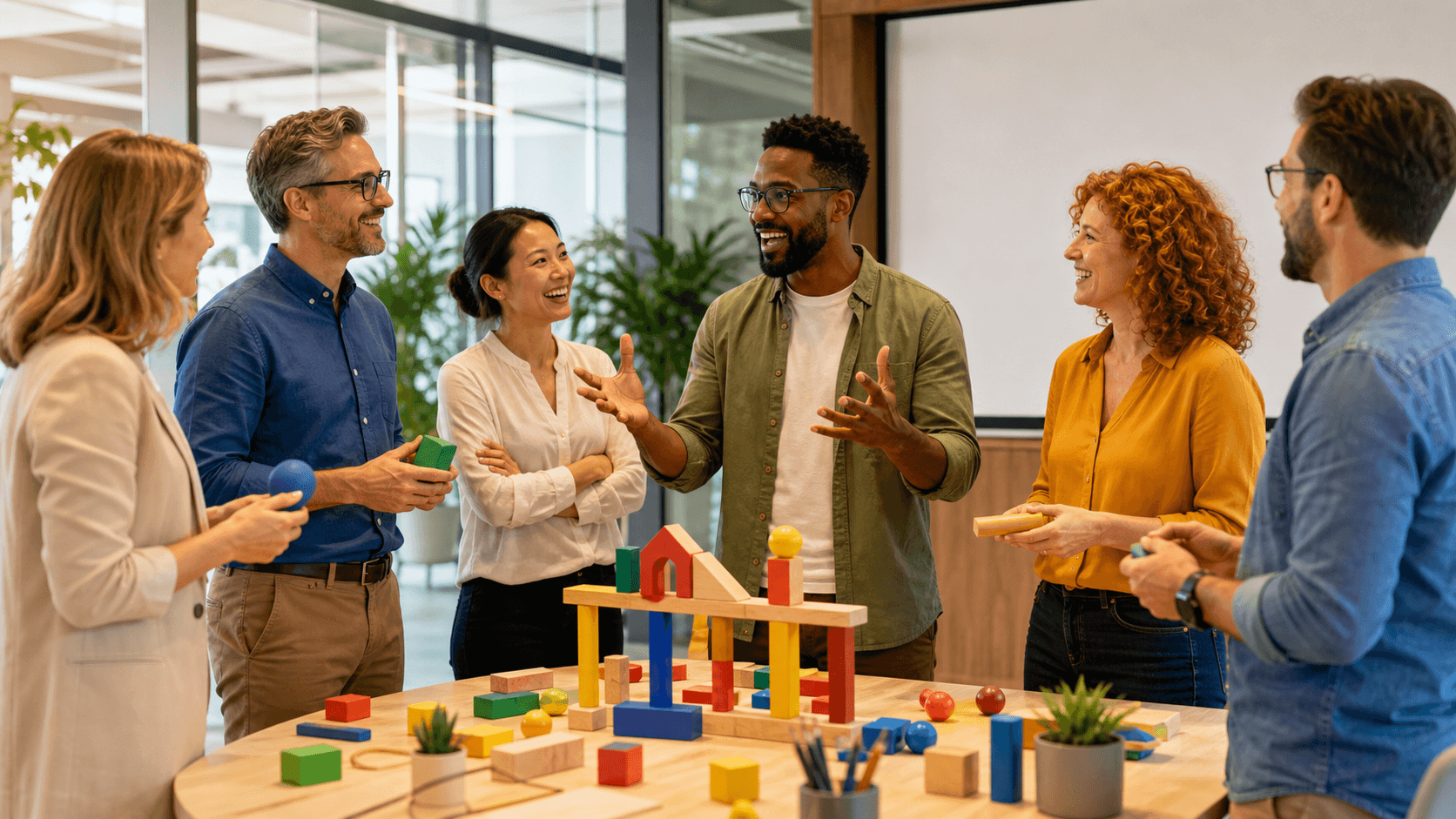 Colorful office team laughing in a circle as a manager leads an improv game with raised hands.