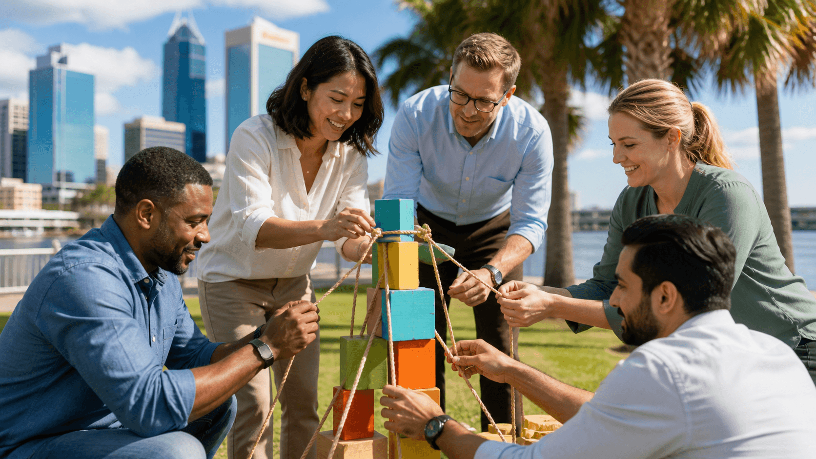 Diverse coworkers solve a colorful outdoor team puzzle beneath bright Jacksonville sunshine.
