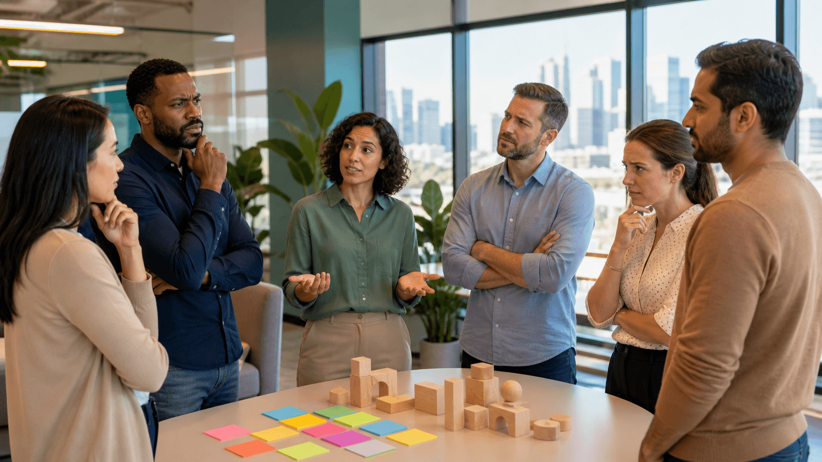 Houston office team in a bright conference room, gesturing during an improv exercise beside a whiteboard.