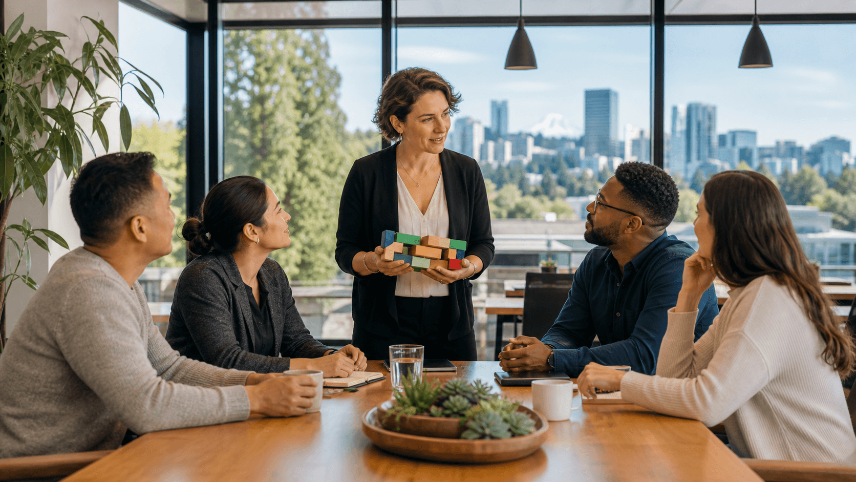 Thoughtful office workers sit around a conference table in a bright Portland workspace.