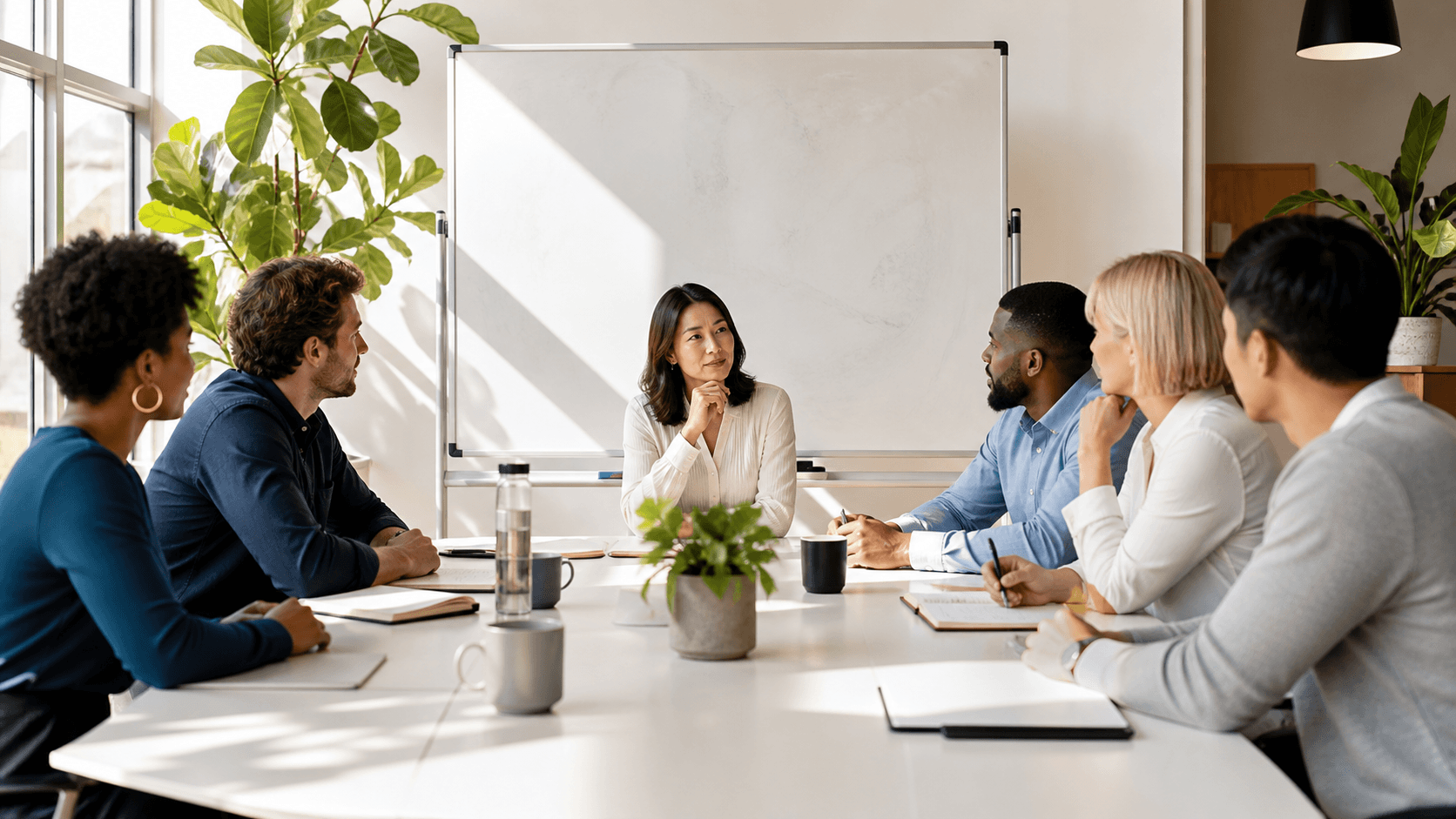 Thoughtful professionals sit around a dim conference table, reviewing charts after a difficult quarter.