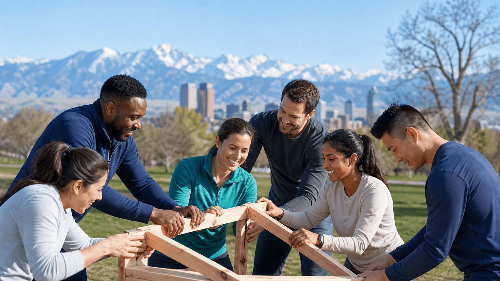 Diverse coworkers laughing during an outdoor team activity with Denver’s skyline and mountains in the background.
