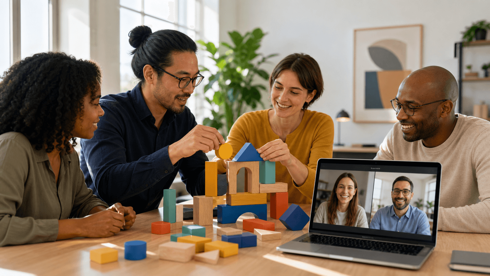 Colorful video-call grid of diverse coworkers smiling, with floating puzzle pieces on a bright blue background.