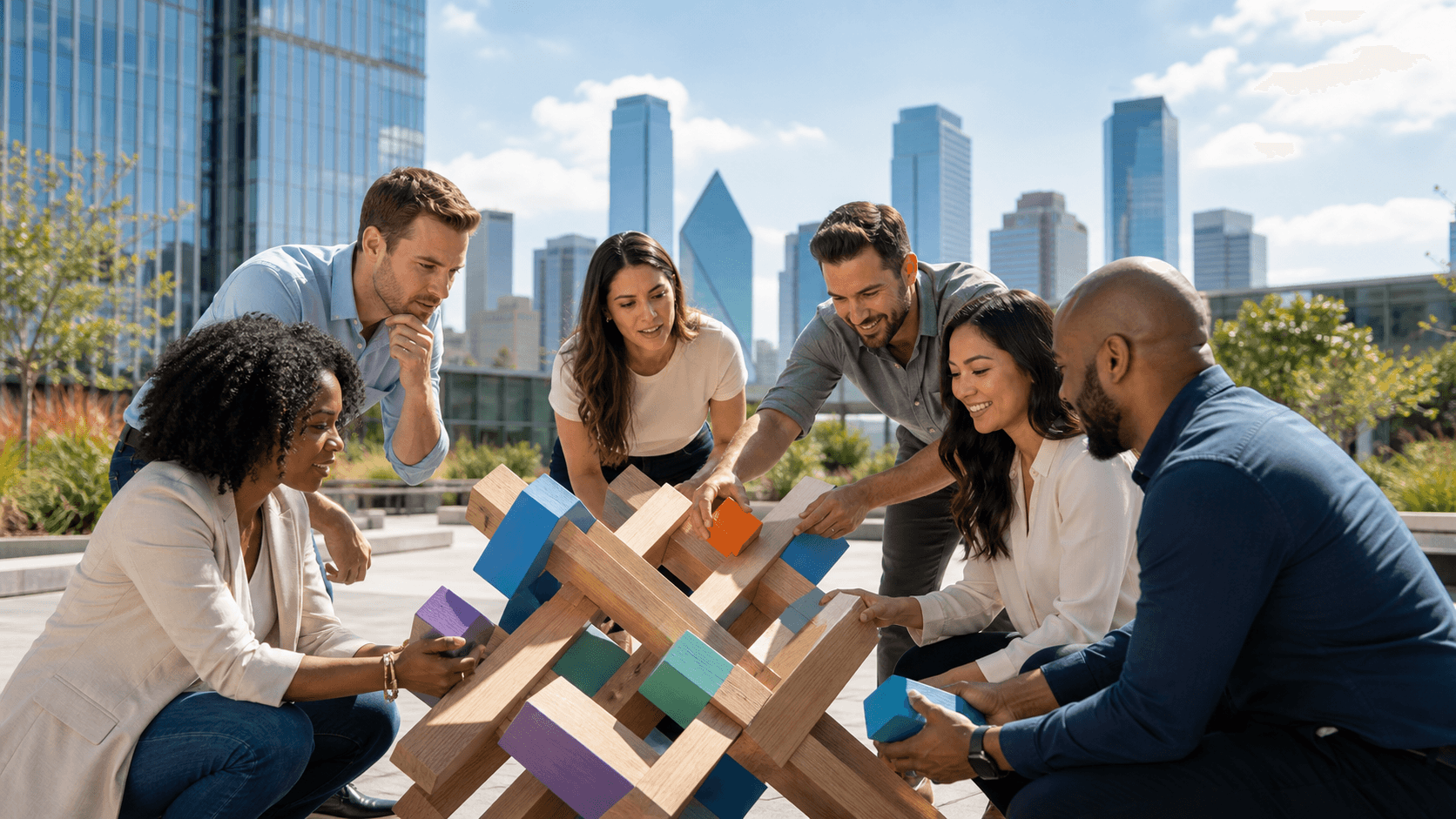 Diverse coworkers solve a colorful tabletop puzzle in a bright Dallas office with skyline windows.
