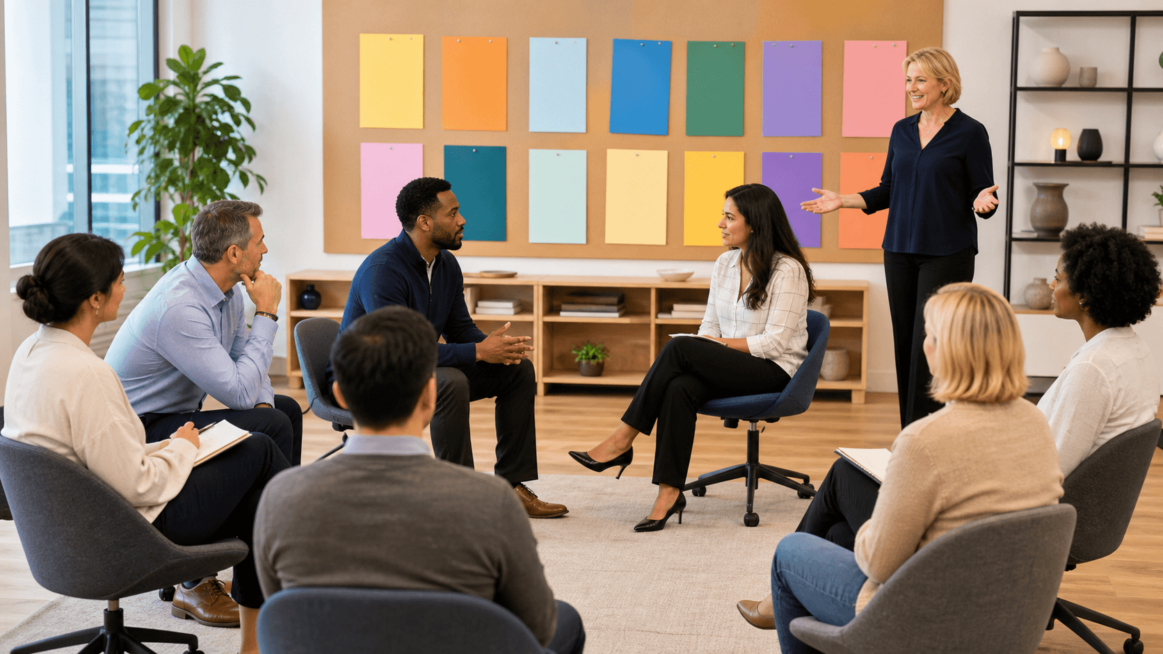 Business professionals rehearsing a presentation on a softly lit stage with blue and gold accents.