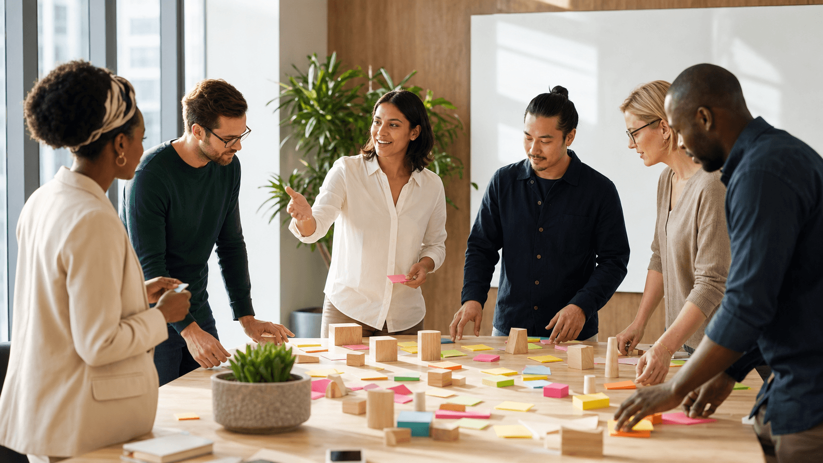 Bright office scene with diverse coworkers brainstorming at a table, colorful sticky notes and sketches under warm light