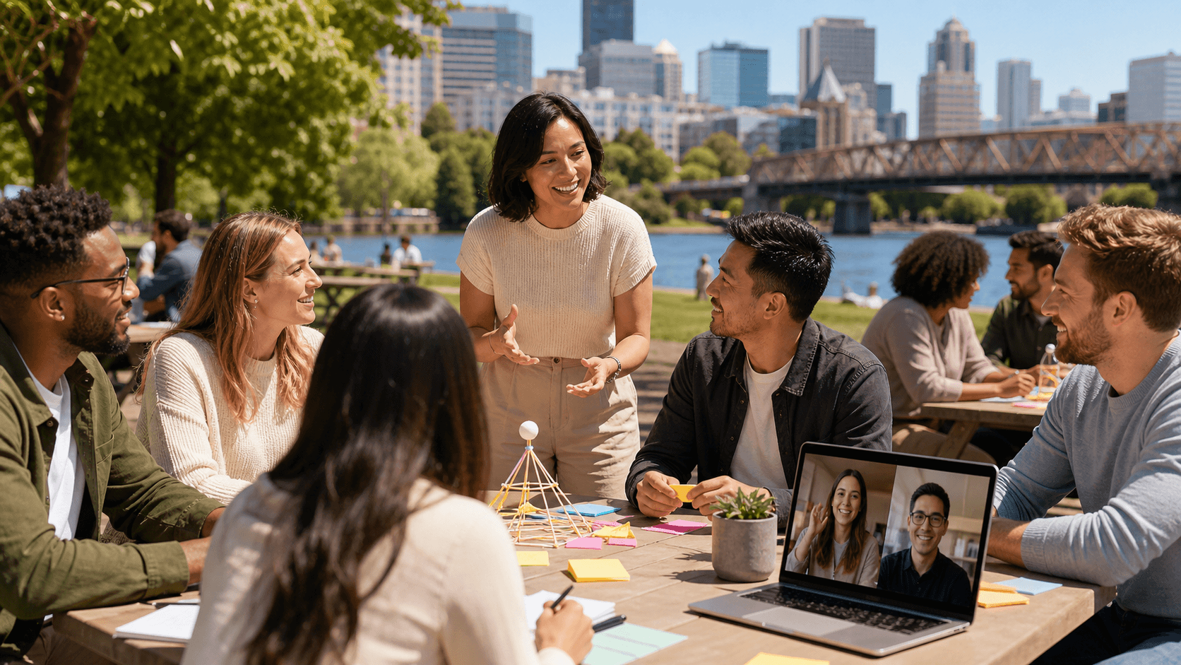 Illustrated Portland skyline with Mount Hood, people collaborating on laptops, warm sunset tones and modern flat design.