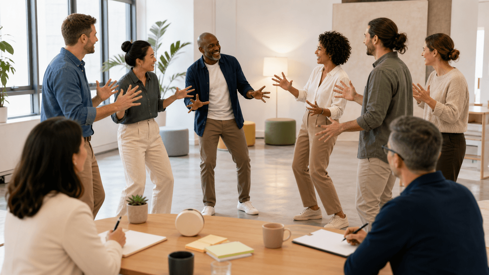 Business workshop scene with people in a bright room, gesturing mid-improv, warm lighting and muted blue accents