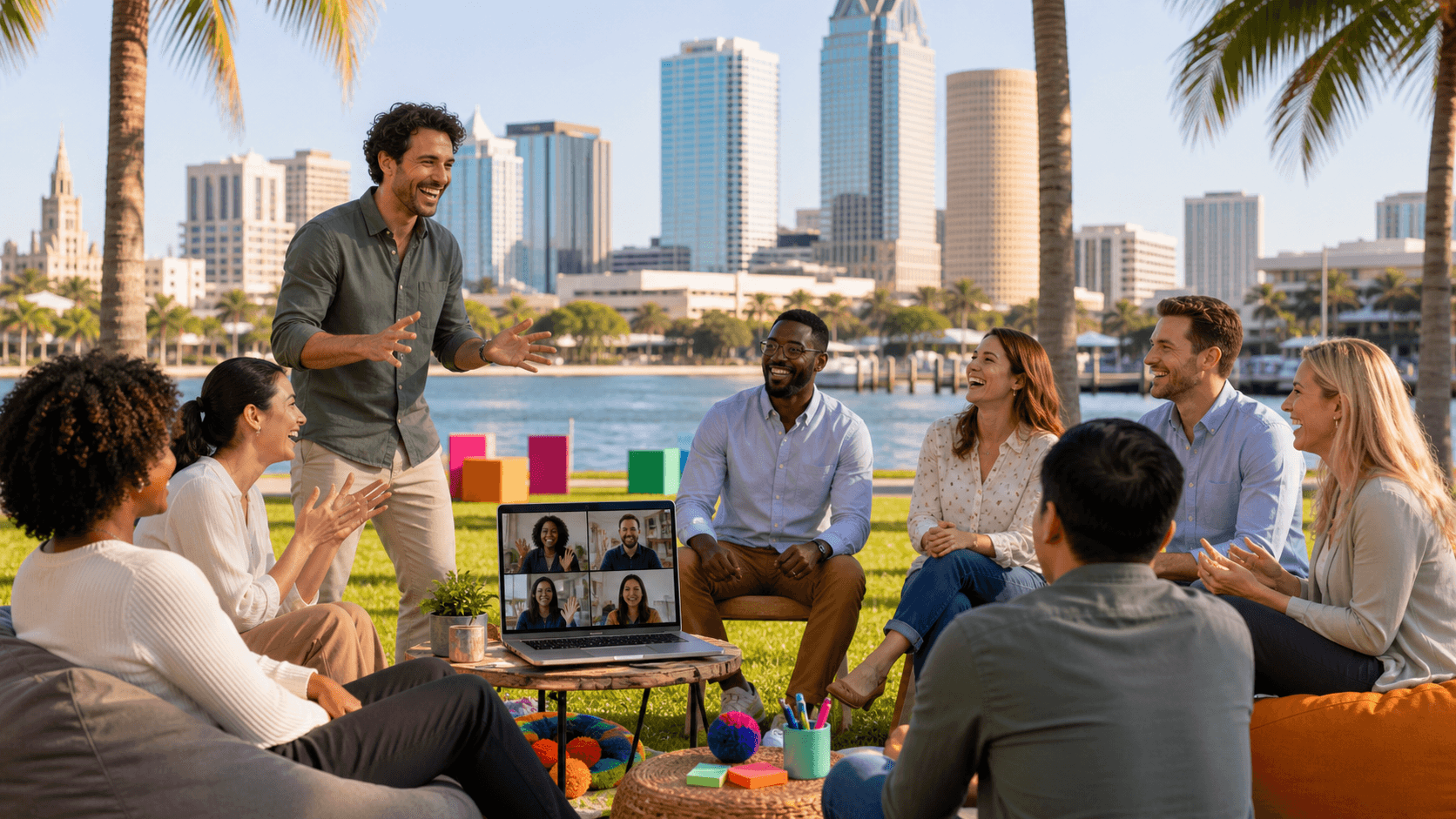 Diverse coworkers laugh during an outdoor team activity in a sunny Tampa park.