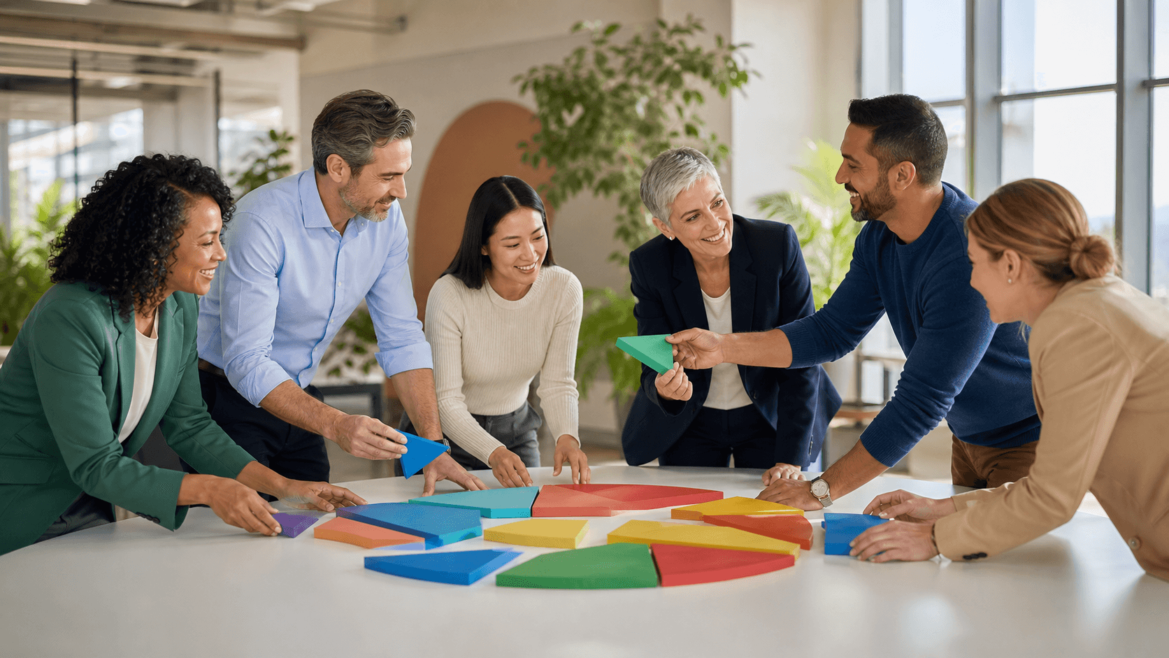 Diverse coworkers gather around a table, arranging colorful notes on a wall in warm, collaborative light.