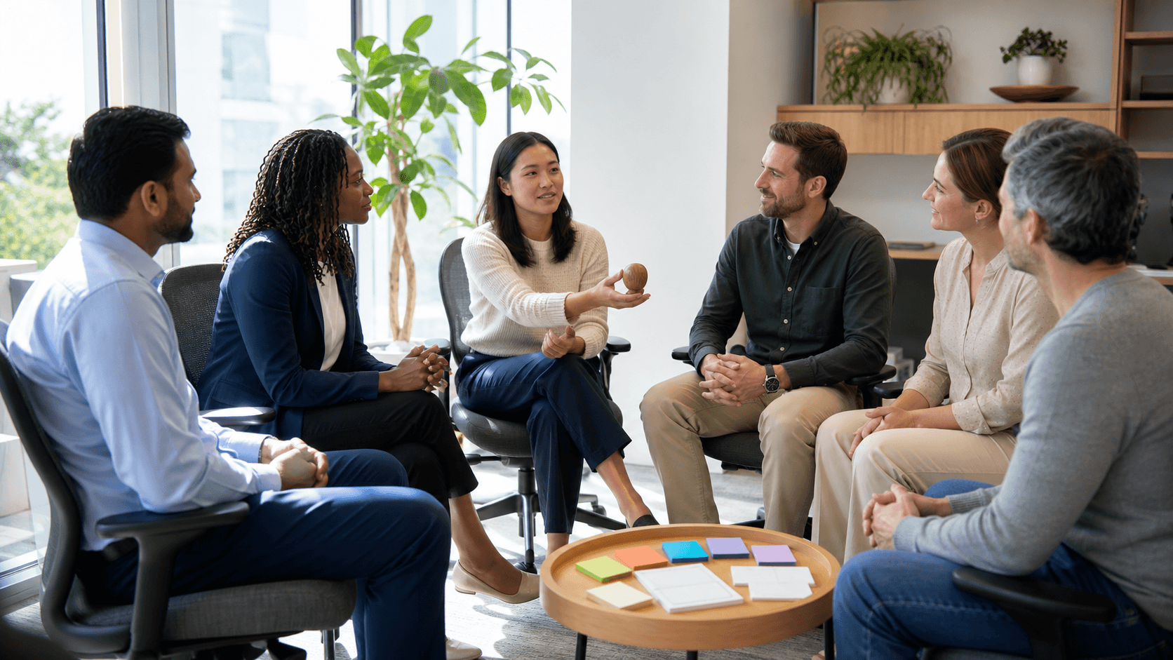 Diverse coworkers in a bright office huddle around a laptop, chatting and taking notes on colorful sticky notes.