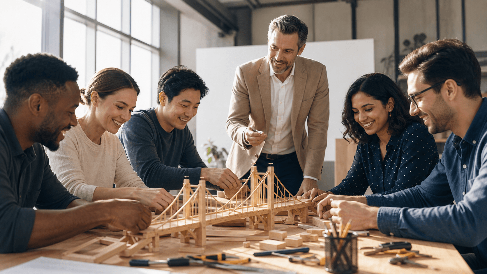 Diverse coworkers celebrate around a conference table with colorful sticky notes and warm office light.