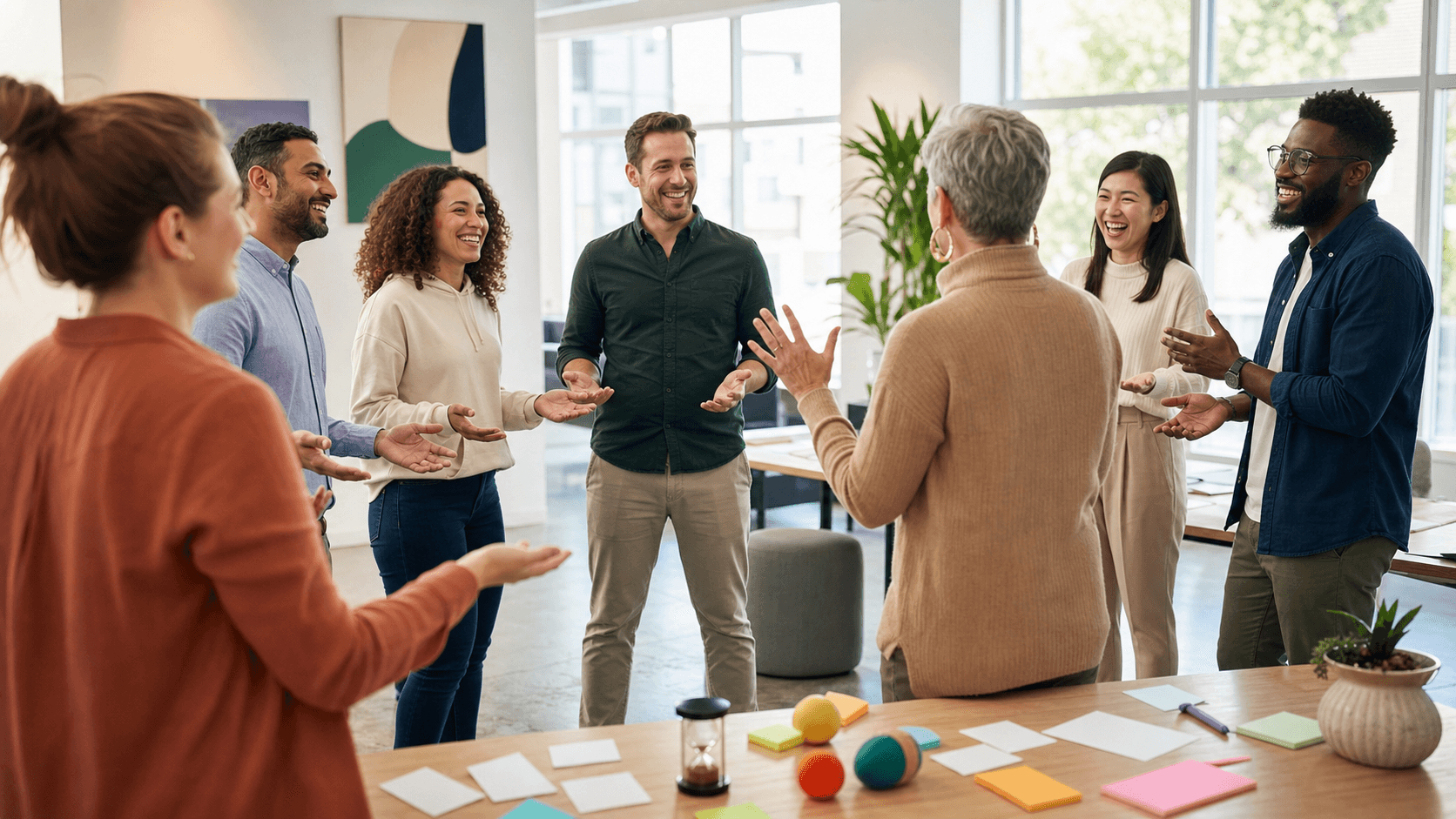 Diverse coworkers in a bright meeting room circle, laughing with hands raised, warm lighting and colorful sticky notes.