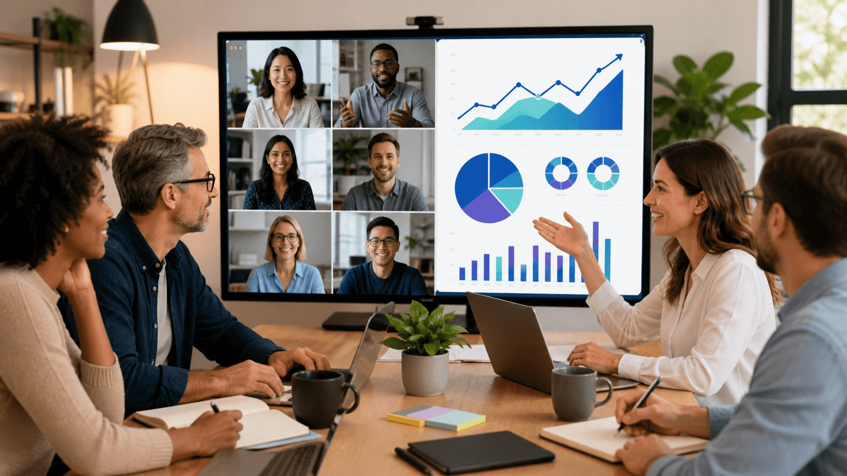 Remote team members on video call screens surround colorful charts and a rising ROI graph.