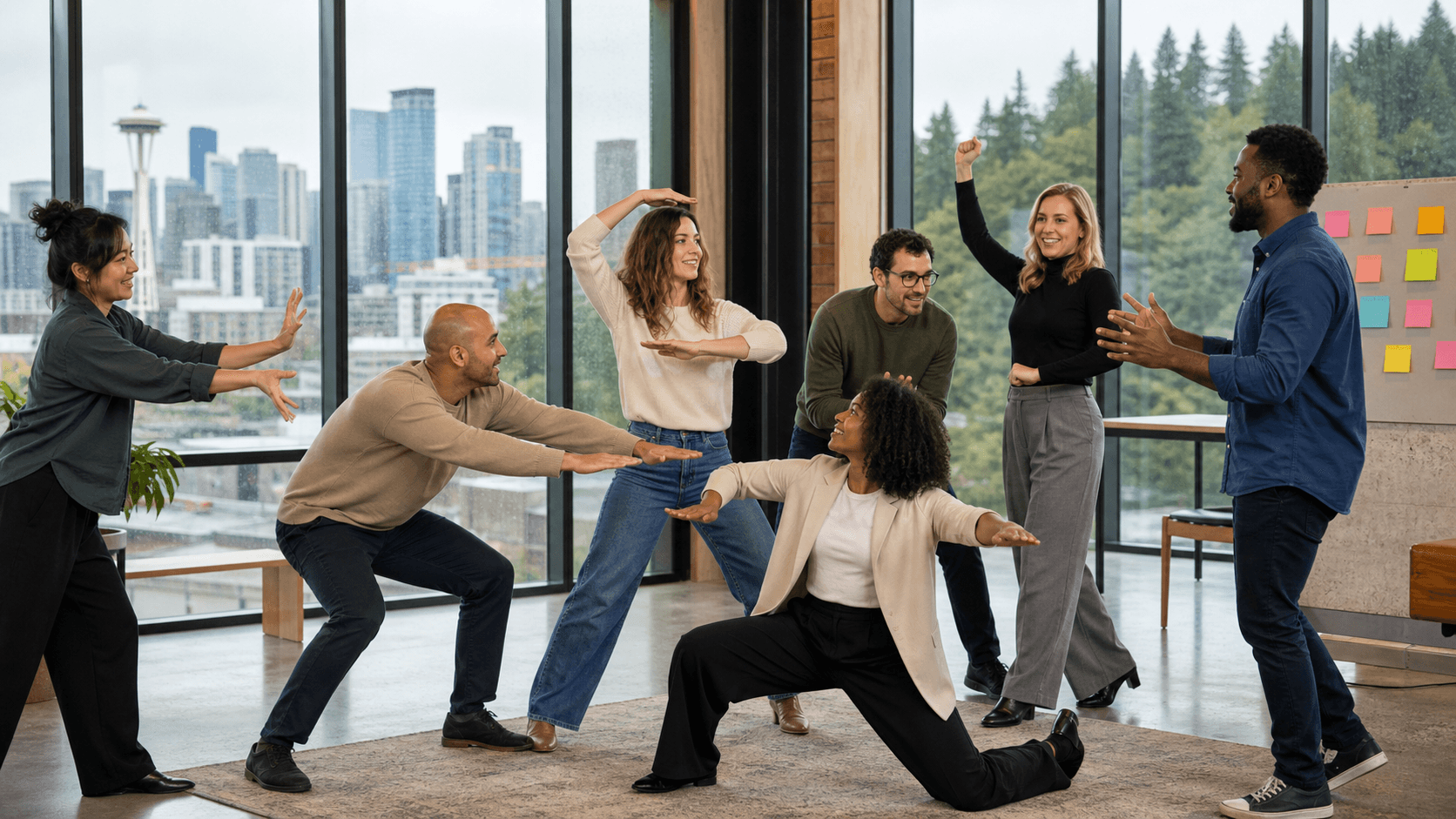 Seattle coworkers laughing during an improv exercise in a bright workshop room with city skyline windows.
