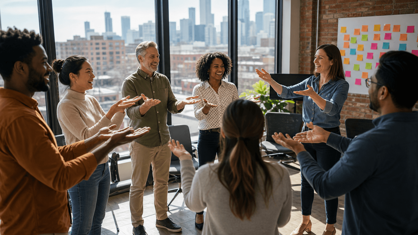 Colorful office team laughing and gesturing during an improv exercise in a bright Chicago-style meeting room.