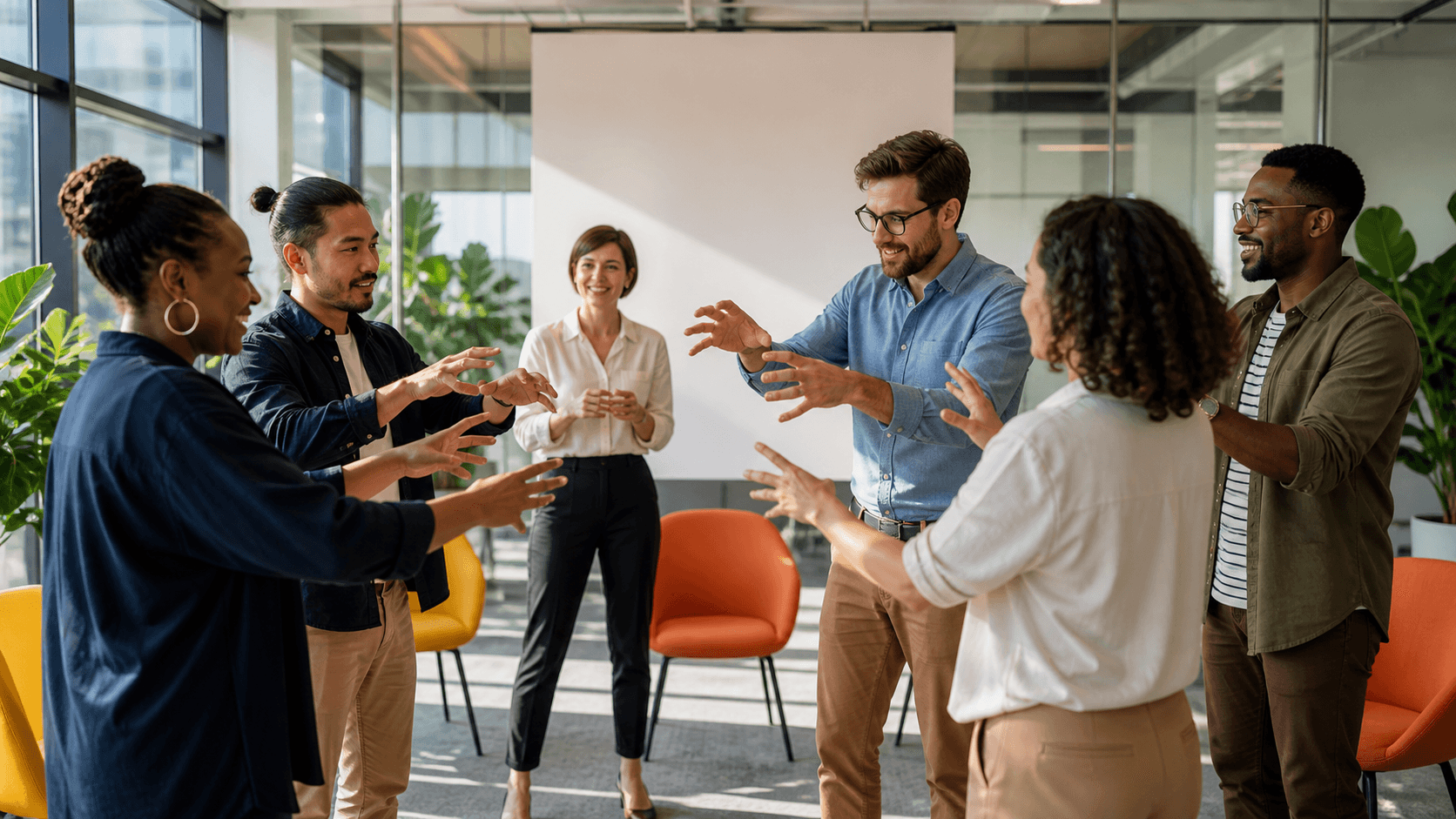 Diverse coworkers laugh and gesture during an improv exercise in a bright, modern office.